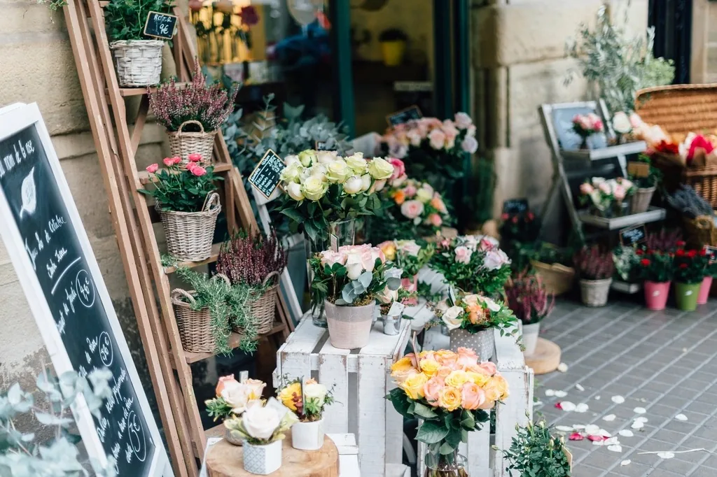 A flower shop's pavement display in daylight