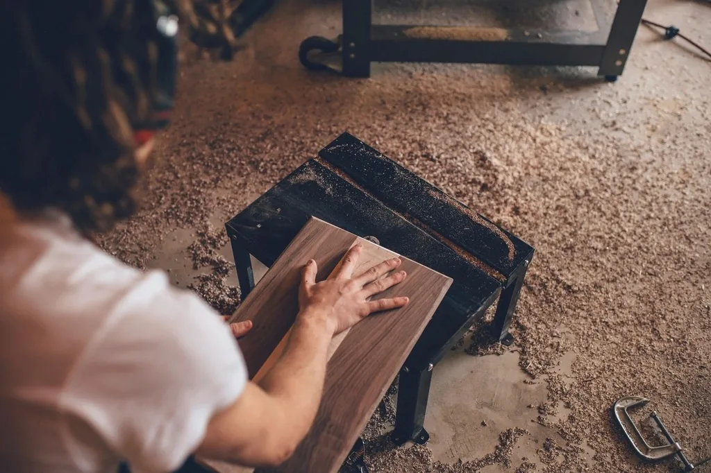 A woodworker sanding a walnut board
