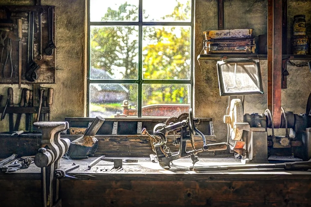 A carpenter's bench under a window in daylight